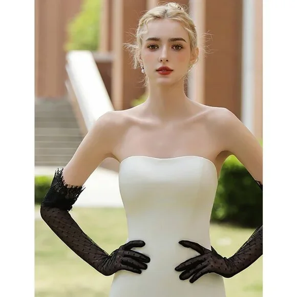 Women's Black Evening Long Lace Gothic Gloves Bridal Party Prom Costume - Picture 3 of 6